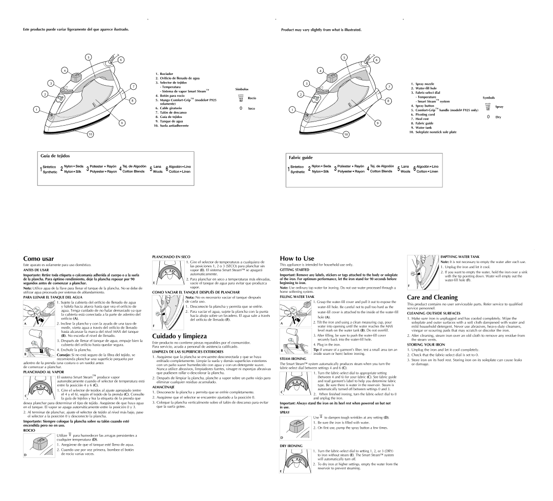 Black & Decker F915, F925 user service Como usar, How to Use, Care and Cleaning, Cuidado y limpieza 